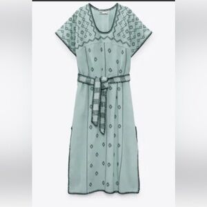 Zara Linen-Blend Mint Green Embroidered Kaftan Dress